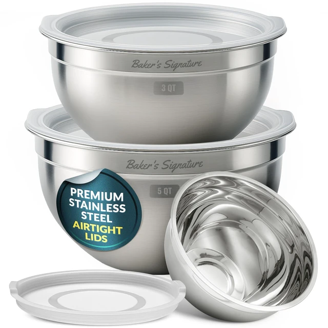 Main image of Stainless Steel Mixing Bowls with Lids Set of 3, Nesting Metal, 1.5/3/5 Qt | Mirror-finish interior, dishwasher safe & BPA-free; stack for food prep, baking, storage & serving