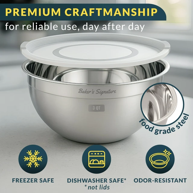 Alt view image 3 of 7 - Stainless Steel Mixing Bowls with Lids Set of 3, Nesting Metal, 1.5/3/5 Qt | Mirror-finish interior, dishwasher safe & BPA-free; stack for food prep, baking, storage & serving