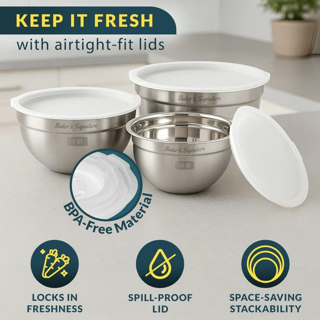 Alt view image 4 of 7 - Stainless Steel Mixing Bowls with Lids Set of 3, Nesting Metal, 1.5/3/5 Qt | Mirror-finish interior, dishwasher safe & BPA-free; stack for food prep, baking, storage & serving