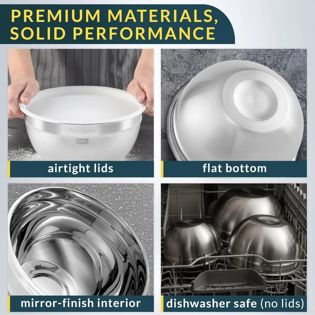 Alt view image 5 of 7 - Stainless Steel Mixing Bowls with Lids Set of 3, Nesting Metal, 1.5/3/5 Qt | Mirror-finish interior, dishwasher safe & BPA-free; stack for food prep, baking, storage & serving