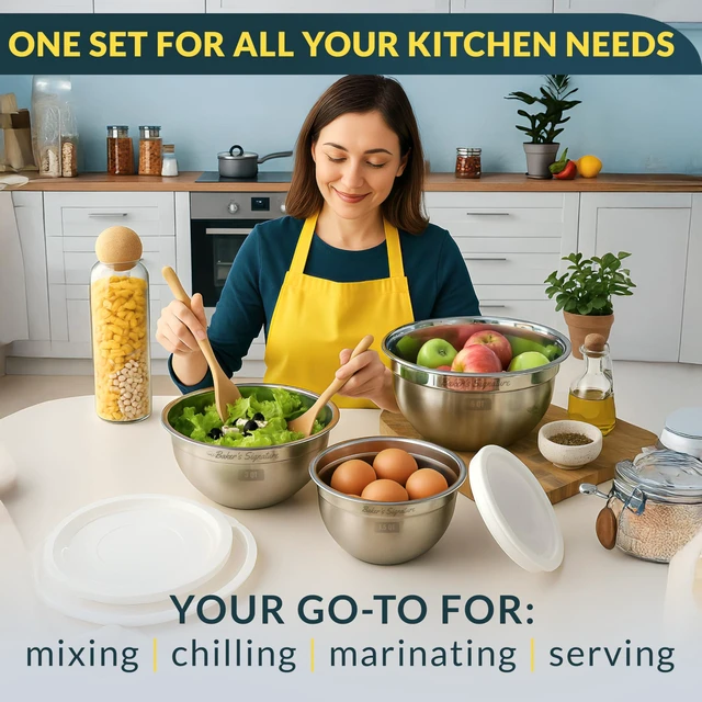 Alt view image 6 of 7 - Stainless Steel Mixing Bowls with Lids Set of 3, Nesting Metal, 1.5/3/5 Qt | Mirror-finish interior, dishwasher safe & BPA-free; stack for food prep, baking, storage & serving