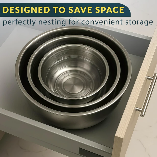 Alt view image 7 of 7 - Stainless Steel Mixing Bowls with Lids Set of 3, Nesting Metal, 1.5/3/5 Qt | Mirror-finish interior, dishwasher safe & BPA-free; stack for food prep, baking, storage & serving