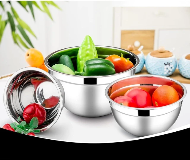 Alt view image 2 of 5 - Stainless Steel 304 Mixing Bowls with Lids, Set of 3 Large Medium Small 1.5L 2L 3L (1.6QT 2.1QT 3.2QT) Food-Grade Metal Nesting Salad Bowls - Rust-Resistant, Dishwasher Freezer Safe