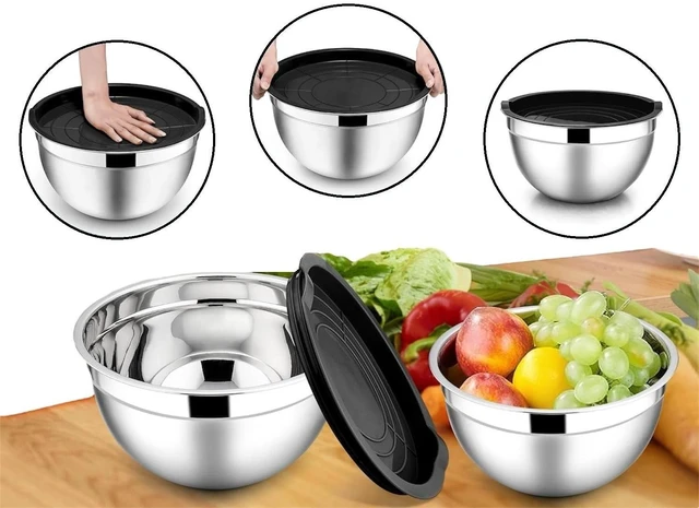 Alt view image 3 of 5 - Stainless Steel 304 Mixing Bowls with Lids, Set of 3 Large Medium Small 1.5L 2L 3L (1.6QT 2.1QT 3.2QT) Food-Grade Metal Nesting Salad Bowls - Rust-Resistant, Dishwasher Freezer Safe