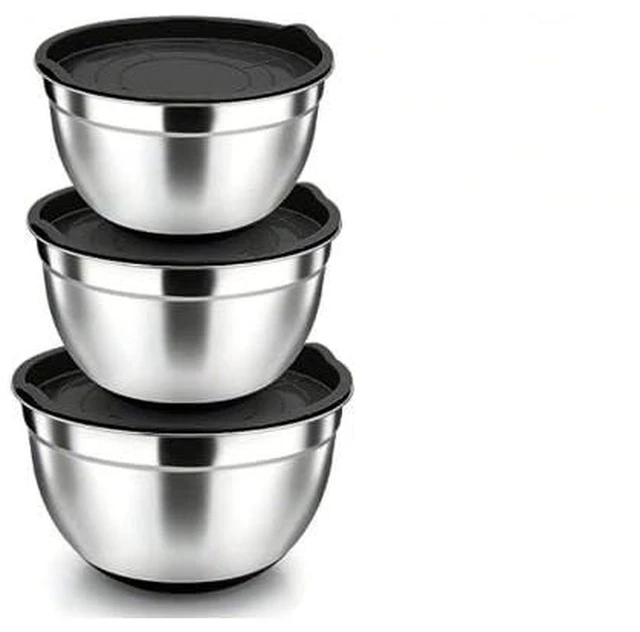 Alt view image 4 of 5 - Stainless Steel 304 Mixing Bowls with Lids, Set of 3 Large Medium Small 1.5L 2L 3L (1.6QT 2.1QT 3.2QT) Food-Grade Metal Nesting Salad Bowls - Rust-Resistant, Dishwasher Freezer Safe