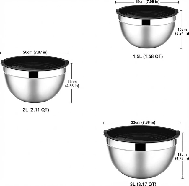 Alt view image 5 of 5 - Stainless Steel 304 Mixing Bowls with Lids, Set of 3 Large Medium Small 1.5L 2L 3L (1.6QT 2.1QT 3.2QT) Food-Grade Metal Nesting Salad Bowls - Rust-Resistant, Dishwasher Freezer Safe