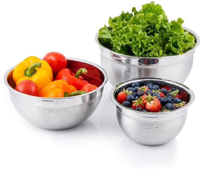 Main image of Stainless Steel Mixing Bowl Set of 3 with Lids, Silver BM46333S | Comes with different sizes: 1.5, 3, 5 Quarts, Stackable Design, Kitchen Essential for Baking, Cooking, and Prepping