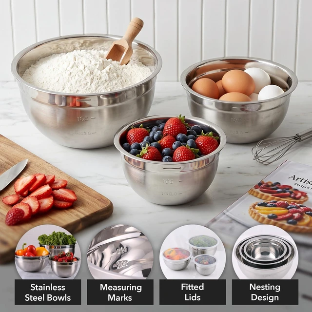 Alt view image 2 of 7 - Stainless Steel Mixing Bowl Set of 3 with Lids, Silver BM46333S | Comes with different sizes: 1.5, 3, 5 Quarts, Stackable Design, Kitchen Essential for Baking, Cooking, and Prepping