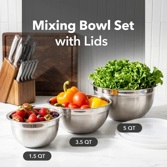 Alt view image 3 of 7 - Stainless Steel Mixing Bowl Set of 3 with Lids, Silver BM46333S | Comes with different sizes: 1.5, 3, 5 Quarts, Stackable Design, Kitchen Essential for Baking, Cooking, and Prepping