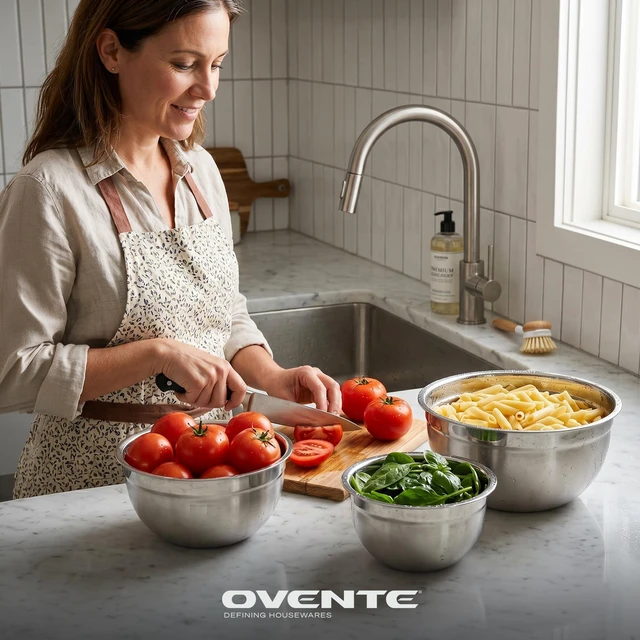 Alt view image 4 of 7 - Stainless Steel Mixing Bowl Set of 3 with Lids, Silver BM46333S | Comes with different sizes: 1.5, 3, 5 Quarts, Stackable Design, Kitchen Essential for Baking, Cooking, and Prepping