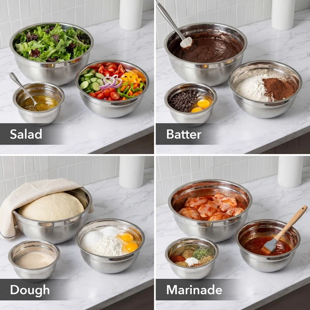 Alt view image 6 of 7 - Stainless Steel Mixing Bowl Set of 3 with Lids, Silver BM46333S | Comes with different sizes: 1.5, 3, 5 Quarts, Stackable Design, Kitchen Essential for Baking, Cooking, and Prepping