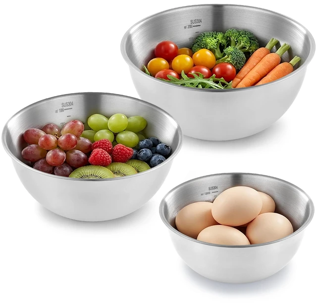 Main image of Stainless Steel Mixing Bowls Set of 3Nesting Metal Prep Bowls with Interior Measurement Marks for Baking, Cooking & Food Storage - Space Saving, Rust-Proof & Dishwasher Safe