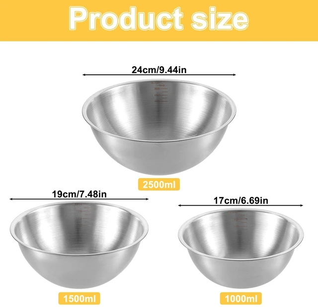 Alt view image 2 of 7 - Stainless Steel Mixing Bowls 3 Packs Nesting Baking Supplies Small Thicker Stainless Steel Flat Bottom Stackable Salad Bowl Mixing Bowls Set for Cooking, Baking, Salad,Serving(1000/1500/2000ml)