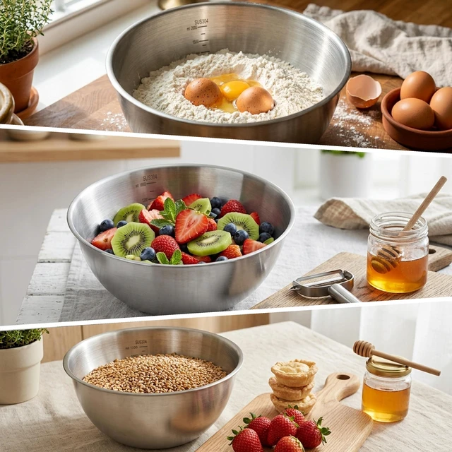 Alt view image 3 of 6 - Stainless Steel Mixing Bowls Set of 3Nesting Metal Prep Bowls with Interior Measurement Marks for Baking, Cooking & Food Storage - Space Saving, Rust-Proof & Dishwasher Safe