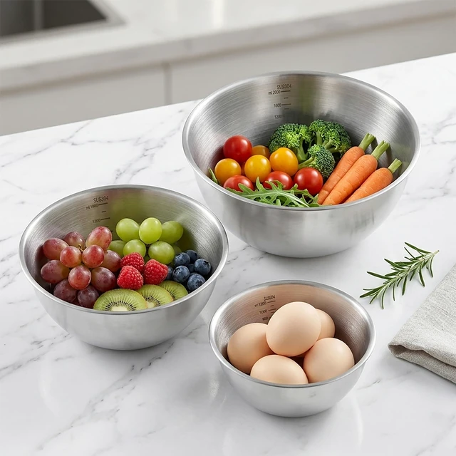Alt view image 5 of 6 - Stainless Steel Mixing Bowls Set of 3Nesting Metal Prep Bowls with Interior Measurement Marks for Baking, Cooking & Food Storage - Space Saving, Rust-Proof & Dishwasher Safe