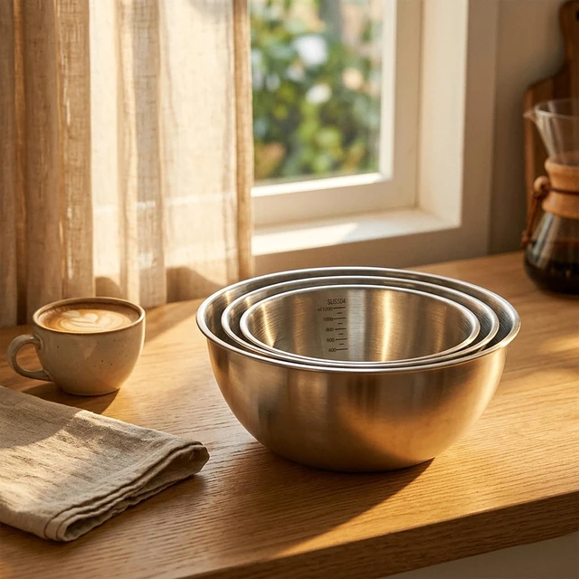Alt view image 6 of 6 - Stainless Steel Mixing Bowls Set of 3Nesting Metal Prep Bowls with Interior Measurement Marks for Baking, Cooking & Food Storage - Space Saving, Rust-Proof & Dishwasher Safe