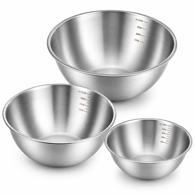 Main image of 304 Stainless Steel Mixing Bowls Set of 3, 1.5/2.2/3.4 Qt Metal Mixing Bowl | Food Grade Metal Bowls with Measurement Marks for Baking, Cooking, Salad, Meal Prep, Stackable Nesting & Dishwasher Safe