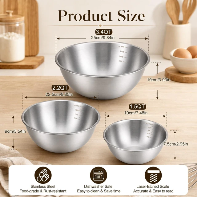 Alt view image 2 of 7 - 304 Stainless Steel Mixing Bowls Set of 3, 1.5/2.2/3.4 Qt Metal Mixing Bowl | Food Grade Metal Bowls with Measurement Marks for Baking, Cooking, Salad, Meal Prep, Stackable Nesting & Dishwasher Safe