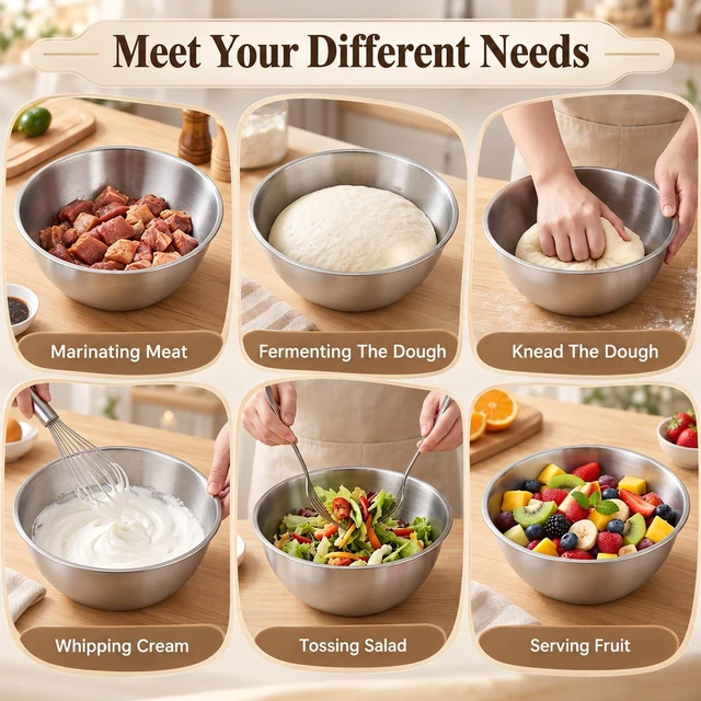 Alt view image 3 of 7 - 304 Stainless Steel Mixing Bowls Set of 3, 1.5/2.2/3.4 Qt Metal Mixing Bowl | Food Grade Metal Bowls with Measurement Marks for Baking, Cooking, Salad, Meal Prep, Stackable Nesting & Dishwasher Safe