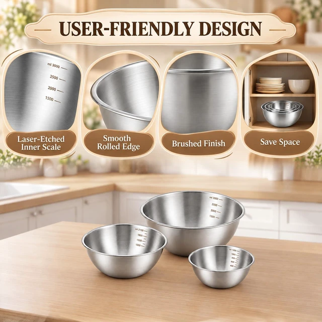 Alt view image 5 of 7 - 304 Stainless Steel Mixing Bowls Set of 3, 1.5/2.2/3.4 Qt Metal Mixing Bowl | Food Grade Metal Bowls with Measurement Marks for Baking, Cooking, Salad, Meal Prep, Stackable Nesting & Dishwasher Safe