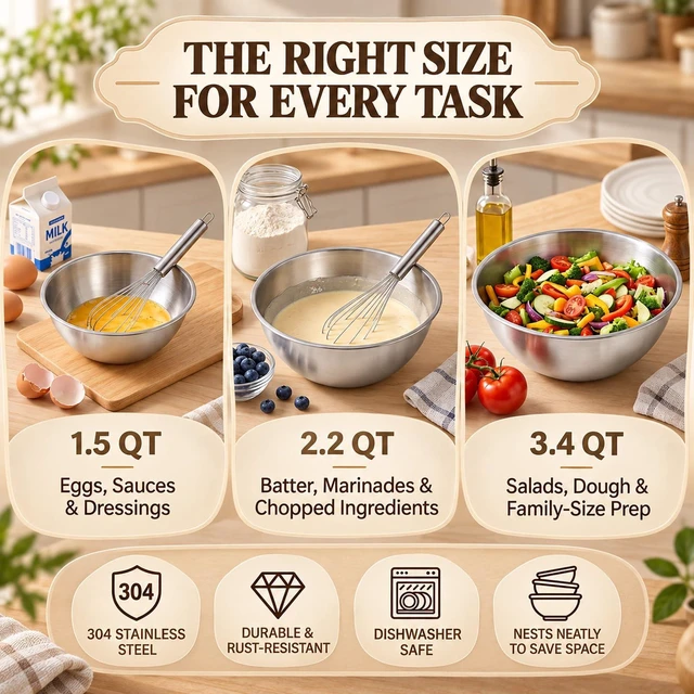 Alt view image 6 of 7 - 304 Stainless Steel Mixing Bowls Set of 3, 1.5/2.2/3.4 Qt Metal Mixing Bowl | Food Grade Metal Bowls with Measurement Marks for Baking, Cooking, Salad, Meal Prep, Stackable Nesting & Dishwasher Safe