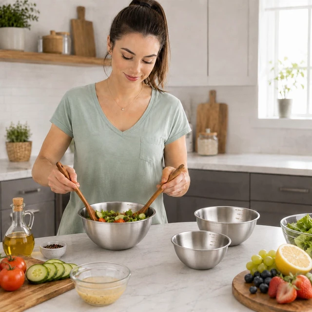 Alt view image 4 of 7 - 304 Stainless Steel Mixing Bowls Set of 3, 1.5/2.2/3.4 Qt Metal Mixing Bowl | Food Grade Metal Bowls with Measurement Marks for Baking, Cooking, Salad, Meal Prep, Stackable Nesting & Dishwasher Safe
