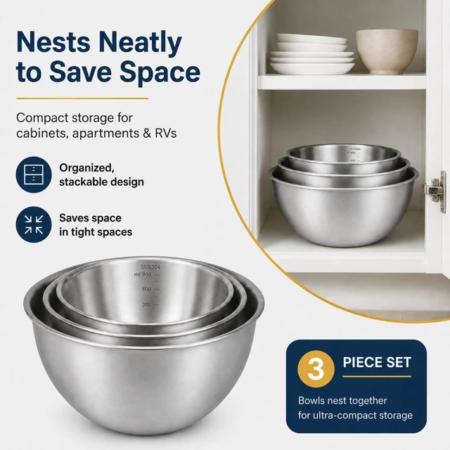 Alt view image 3 of 7 - Stainless Steel Mixing Bowls Set,3 Pcs Meal Prep & Food Storage | 1.1,1.5 & 3.4 Quart Silver Mixing Bowls Set,Dishwasher safe,Stackable Nesting,Space-Saving for Kitchen Cooking, Baking