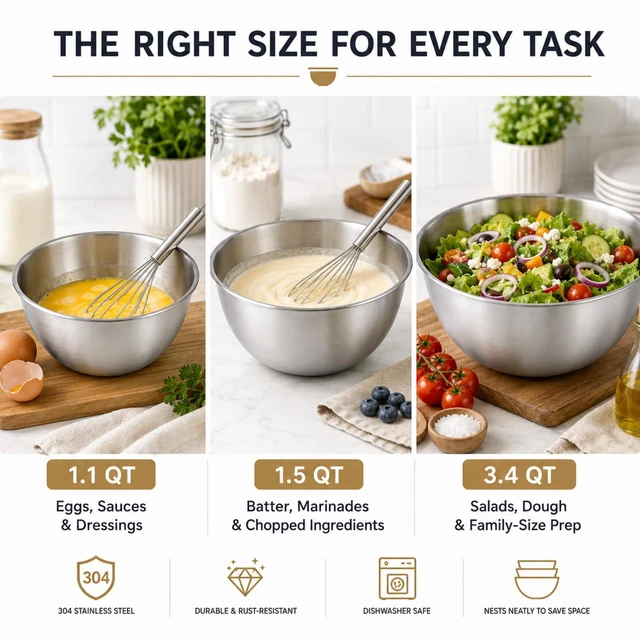 Alt view image 6 of 7 - Stainless Steel Mixing Bowls Set,3 Pcs Meal Prep & Food Storage | 1.1,1.5 & 3.4 Quart Silver Mixing Bowls Set,Dishwasher safe,Stackable Nesting,Space-Saving for Kitchen Cooking, Baking
