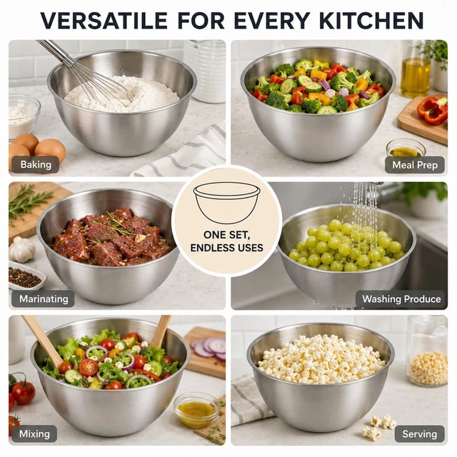Alt view image 7 of 7 - Stainless Steel Mixing Bowls Set,3 Pcs Meal Prep & Food Storage | 1.1,1.5 & 3.4 Quart Silver Mixing Bowls Set,Dishwasher safe,Stackable Nesting,Space-Saving for Kitchen Cooking, Baking