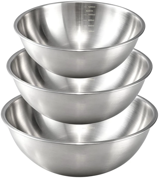 Main image of Stainless Steel Mixing Bowls Set, 3-Piece (1.5, 2.2 & 3.4 Qt) | Food-Grade Metal, Dishwasher safeStackable Nesting & Space-Saving For Kitchen Baking, Salads, Meal Prep, RV & Camping