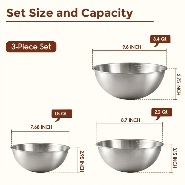 Alt view image 2 of 7 - Stainless Steel Mixing Bowls Set, 3-Piece (1.5, 2.2 & 3.4 Qt) | Food-Grade Metal, Dishwasher safeStackable Nesting & Space-Saving For Kitchen Baking, Salads, Meal Prep, RV & Camping
