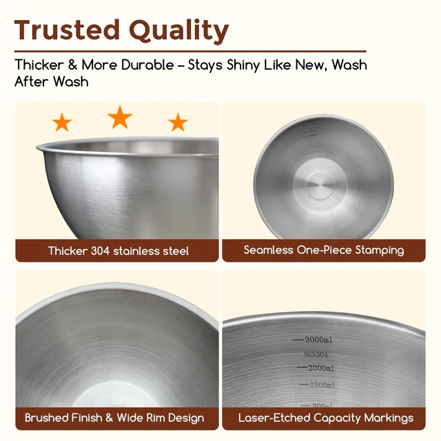 Alt view image 3 of 7 - Stainless Steel Mixing Bowls Set, 3-Piece (1.5, 2.2 & 3.4 Qt) | Food-Grade Metal, Dishwasher safeStackable Nesting & Space-Saving For Kitchen Baking, Salads, Meal Prep, RV & Camping