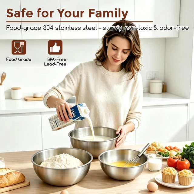 Alt view image 4 of 7 - Stainless Steel Mixing Bowls Set, 3-Piece (1.5, 2.2 & 3.4 Qt) | Food-Grade Metal, Dishwasher safeStackable Nesting & Space-Saving For Kitchen Baking, Salads, Meal Prep, RV & Camping