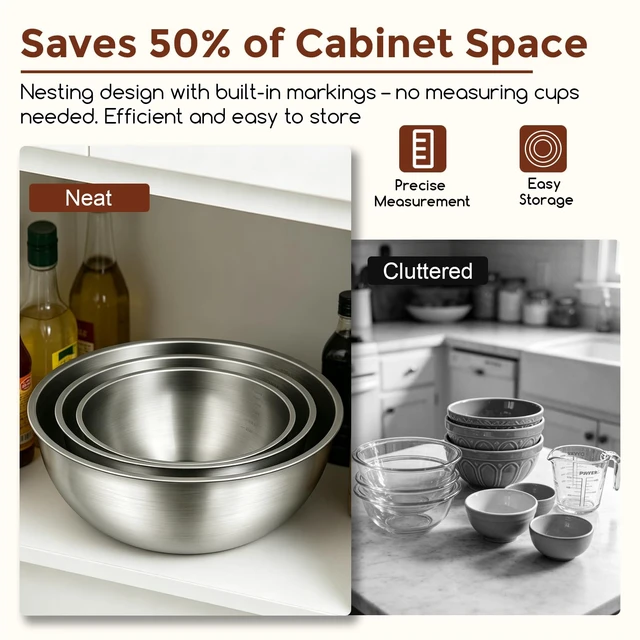 Alt view image 6 of 7 - Stainless Steel Mixing Bowls Set, 3-Piece (1.5, 2.2 & 3.4 Qt) | Food-Grade Metal, Dishwasher safeStackable Nesting & Space-Saving For Kitchen Baking, Salads, Meal Prep, RV & Camping
