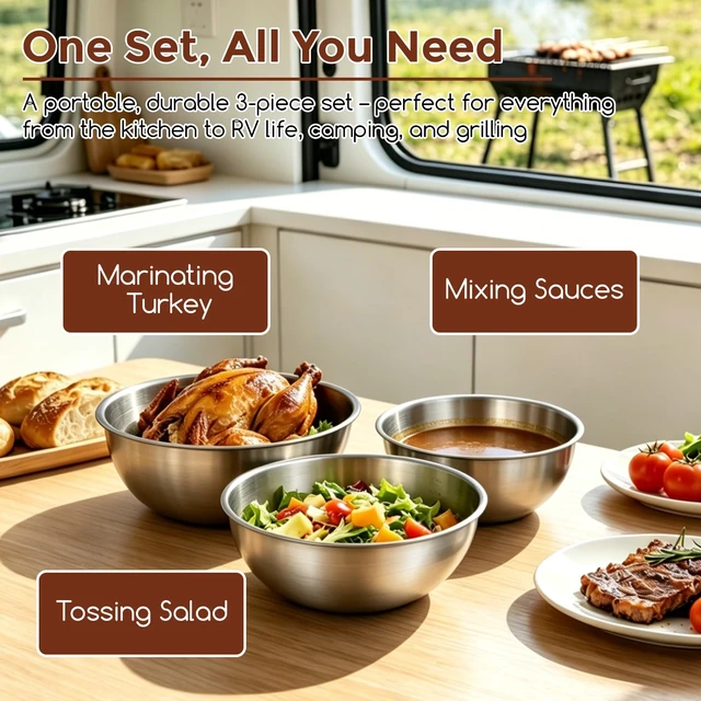 Alt view image 7 of 7 - Stainless Steel Mixing Bowls Set, 3-Piece (1.5, 2.2 & 3.4 Qt) | Food-Grade Metal, Dishwasher safeStackable Nesting & Space-Saving For Kitchen Baking, Salads, Meal Prep, RV & Camping