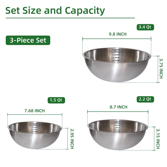Alt view image 2 of 7 - Stainless Steel Mixing Bowls Set, 3-Piece, Thicker-Gauge, Stackable | 1.5, 2.2 & 3.4 Qt, 304 Food-Grade, Dishwasher Safe, Nesting for Baking, Salads, Meal Prep