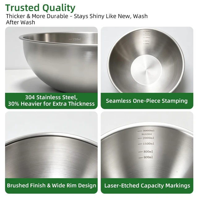 Alt view image 3 of 7 - Stainless Steel Mixing Bowls Set, 3-Piece, Thicker-Gauge, Stackable | 1.5, 2.2 & 3.4 Qt, 304 Food-Grade, Dishwasher Safe, Nesting for Baking, Salads, Meal Prep