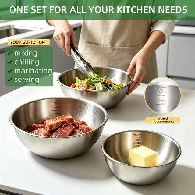 Alt view image 4 of 7 - Stainless Steel Mixing Bowls Set, 3-Piece, Thicker-Gauge, Stackable | 1.5, 2.2 & 3.4 Qt, 304 Food-Grade, Dishwasher Safe, Nesting for Baking, Salads, Meal Prep