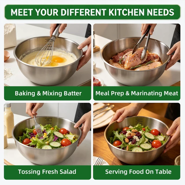 Alt view image 5 of 7 - Stainless Steel Mixing Bowls Set, 3-Piece, Thicker-Gauge, Stackable | 1.5, 2.2 & 3.4 Qt, 304 Food-Grade, Dishwasher Safe, Nesting for Baking, Salads, Meal Prep