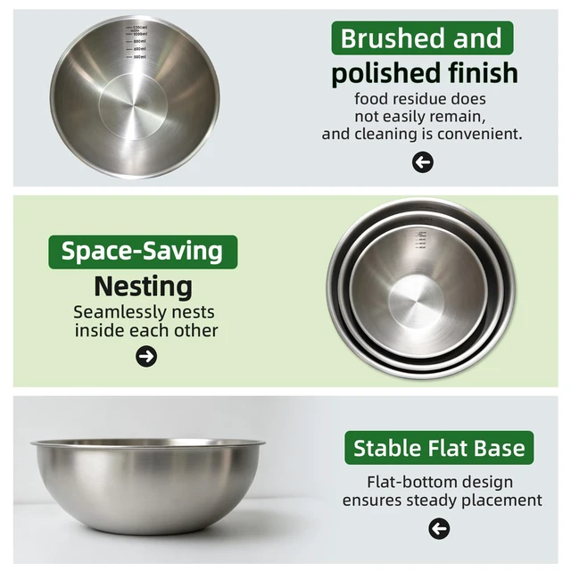 Alt view image 6 of 7 - Stainless Steel Mixing Bowls Set, 3-Piece, Thicker-Gauge, Stackable | 1.5, 2.2 & 3.4 Qt, 304 Food-Grade, Dishwasher Safe, Nesting for Baking, Salads, Meal Prep