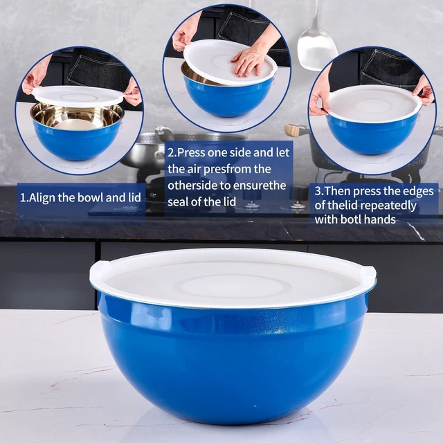 Alt view image 3 of 7 - Blue Mixing Bowls With Airtight Lids,Stainless Steel Bowl,Salad Bowls 7 Piece Colorful Nesting Bowl Blue Kitchen Accessories,Size 7,3.6,2.7,2.1,1.5,1.1,0.8QT Stackable Design