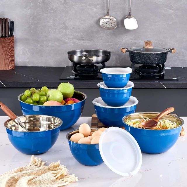 Alt view image 7 of 7 - Blue Mixing Bowls With Airtight Lids,Stainless Steel Bowl,Salad Bowls 7 Piece Colorful Nesting Bowl Blue Kitchen Accessories,Size 7,3.6,2.7,2.1,1.5,1.1,0.8QT Stackable Design