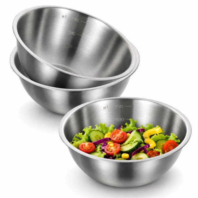 Main image of 3 Pcs Stainless Mixing Bowls, Metal Cooking Bowl | Baking Bowls with Graduations Reusable Food Storage Containers for Baking, Cooking, Making Salads, Soups, Ice Cream, Noodles