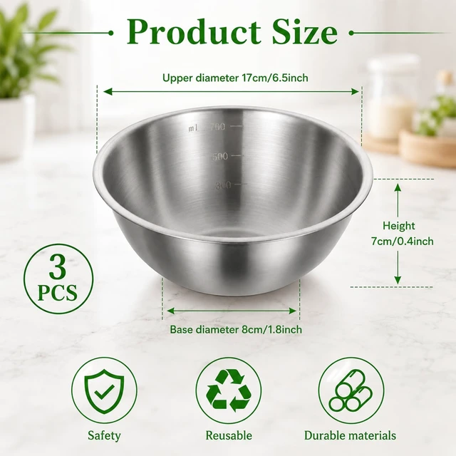 Alt view image 2 of 7 - 3 Pcs Stainless Mixing Bowls, Metal Cooking Bowl | Baking Bowls with Graduations Reusable Food Storage Containers for Baking, Cooking, Making Salads, Soups, Ice Cream, Noodles
