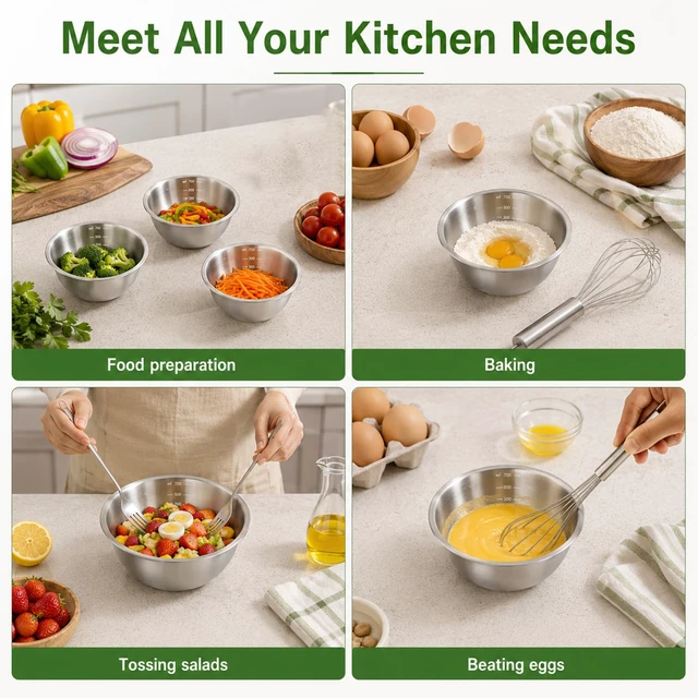 Alt view image 6 of 7 - 3 Pcs Stainless Mixing Bowls, Metal Cooking Bowl | Baking Bowls with Graduations Reusable Food Storage Containers for Baking, Cooking, Making Salads, Soups, Ice Cream, Noodles
