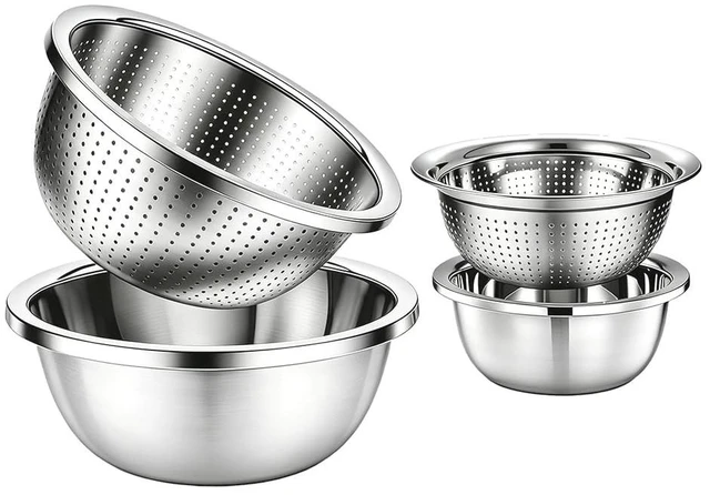 Main image of 4-Piece Stainless Steel Mixing Bowls and Microporous Colanders Set, 3QT & 5QT Nesting Bowls with Fine Drain Strainers for Washing Rice, Fruits, Vegetables, Pasta, and More