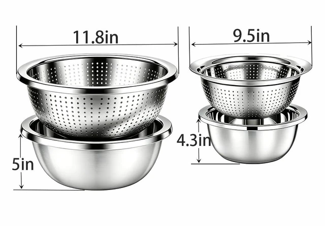 Alt view image 2 of 7 - 4-Piece Stainless Steel Mixing Bowls and Microporous Colanders Set, 3QT & 5QT Nesting Bowls with Fine Drain Strainers for Washing Rice, Fruits, Vegetables, Pasta, and More