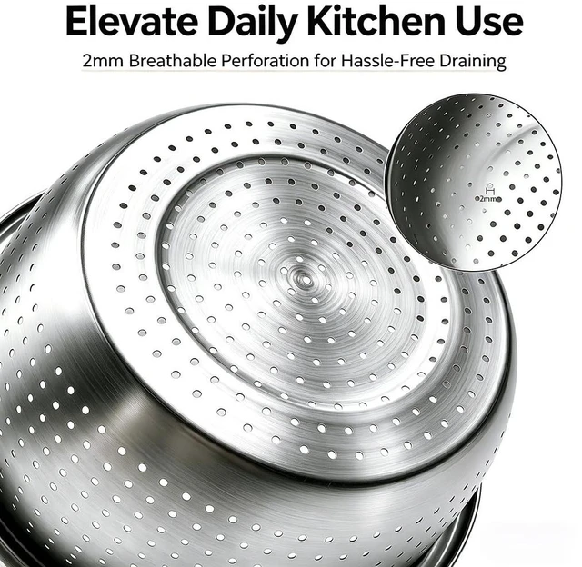 Alt view image 3 of 7 - 4-Piece Stainless Steel Mixing Bowls and Microporous Colanders Set, 3QT & 5QT Nesting Bowls with Fine Drain Strainers for Washing Rice, Fruits, Vegetables, Pasta, and More