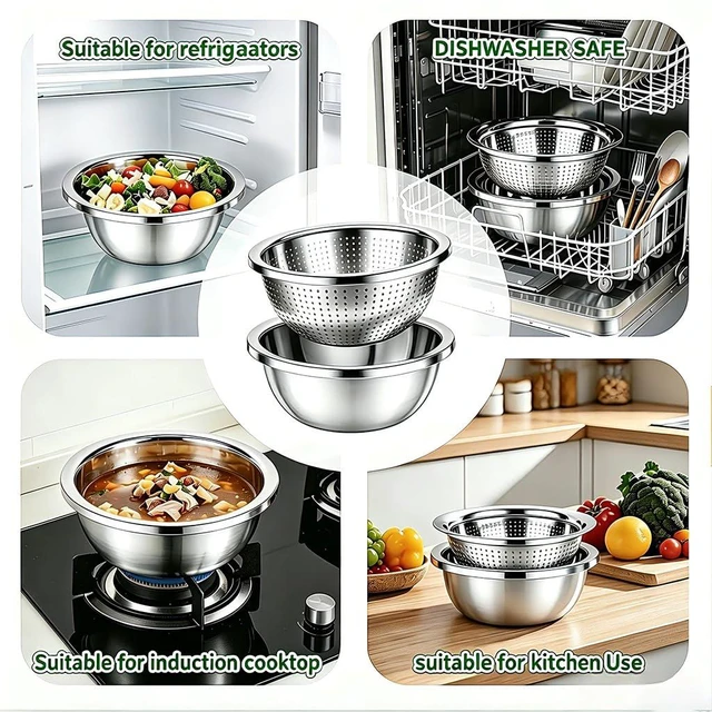Alt view image 4 of 7 - 4-Piece Stainless Steel Mixing Bowls and Microporous Colanders Set, 3QT & 5QT Nesting Bowls with Fine Drain Strainers for Washing Rice, Fruits, Vegetables, Pasta, and More
