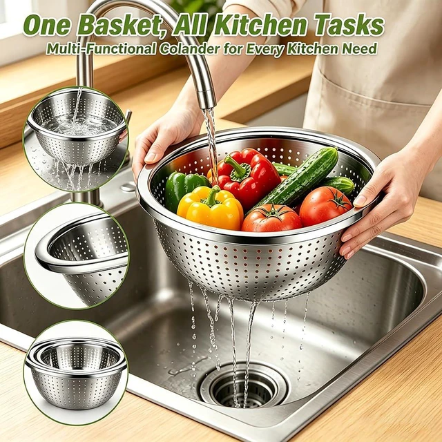 Alt view image 5 of 7 - 4-Piece Stainless Steel Mixing Bowls and Microporous Colanders Set, 3QT & 5QT Nesting Bowls with Fine Drain Strainers for Washing Rice, Fruits, Vegetables, Pasta, and More
